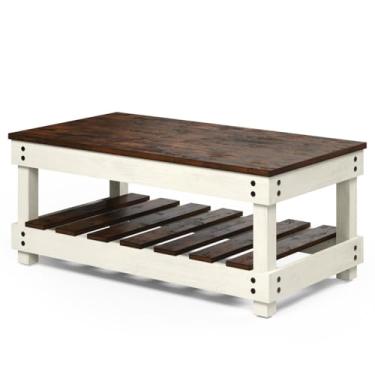 Imagem de Mesa de Centro de Madeira com Prateleira Branco Envelhecido