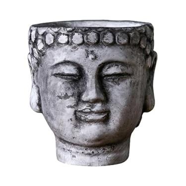 Imagem de IEUDNS Cabeça de buda de cimento vaso de flores escultura criativa com buraco de drenagem planta recipiente plantador para pátio quintal hotel, Cinza Pedra