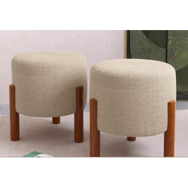 Imagem de kit 2 puff redondo tecido linho cor Bege, luxuoso decorativo charme, c