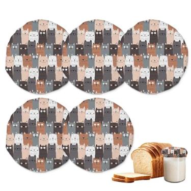 Imagem de Capas de pote para iniciantes Sourdough, pacote com 5 tampas de pano reutilizáveis para gatos fofos para potes de 7 a 10 cm, ideal para kefir de kombucha ou fermentação de queijo