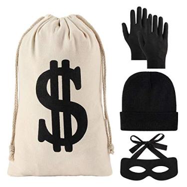 Imagem de YAROMO Conjunto de 4 peças de fantasia de ladrão, inclui sacos de dinheiro de lona com símbolo de dólar, máscara de olho de bandido, gorro de tricô para festa temática de Halloween, cosplay, ladrão
