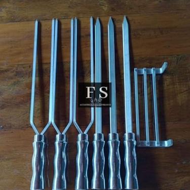 Imagem de Espetos para churrasco kit 6 espetos 70 cm +suporte para espetos em alumínio para churrasco/churrasqueira