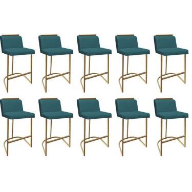 Imagem de Kit 10 Banquetas Com Encosto Confort Bistrô Cozinha Ferro Dourado Suede Azul Turquesa Amey Decor