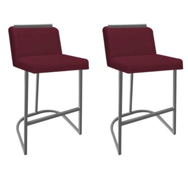 Imagem de Kit 02 Banquetas Com Encosto Nynna Luxo Confort Bistrô Cozinha Ferro Cinza Suede Bordô - Amey Decor