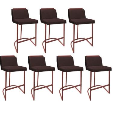 Imagem de Kit 07 Banquetas Com Encosto Confort Bistrô Cozinha Ferro Bronze Sintético Marrom Amey Decor