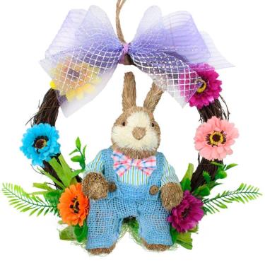 Imagem de Guirlanda Artesanal Enfeite Páscoa Coelhinho Palha Florida 25cm