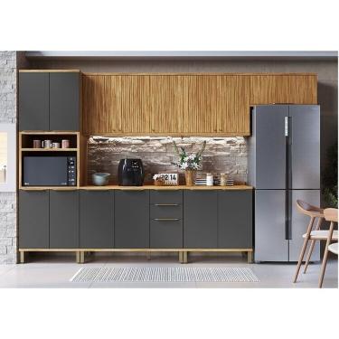 Imagem de Cozinha Modulada Completa 350cm 6 Peças 14 Portas Com Tampo 100% Mdf Noruega Fresada Espresso Móveis Amêndoa-chumbo