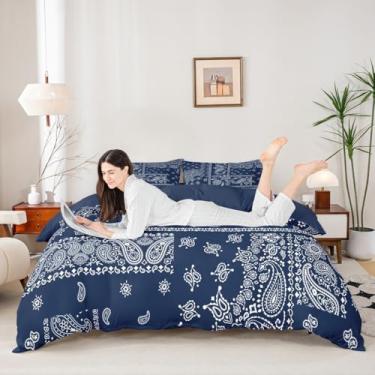 Imagem de Manfei Conjunto de capa de edredom Boho Paisley tamanho casal, conjunto de cama de flor jacquard paisley, 3 peças, capa de colcha com estampa floral azul marinho e branco, decoração de quarto de