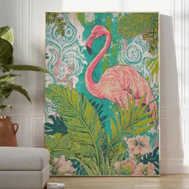 Imagem de Arte de parede de flamingo, pintura de animais tropicais, botânica, arte em tela, arte de flamingo, rosa, boêmio, pôsteres de plantas verdes, impressões de arte de pássaros selvagens, arte de parede