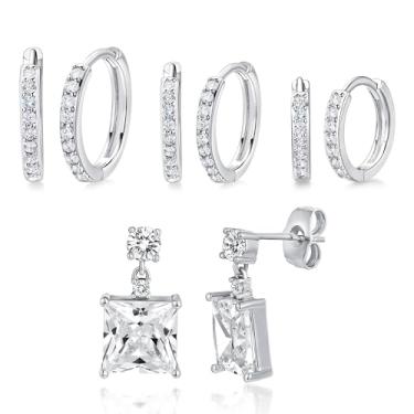 Imagem de MDFUN Conjunto de brincos de zircônia cúbica banhados a ouro branco 14K Hoops Huggie para mulheres, pacote com 2/5 pares, Latão, Zircônia cúbica