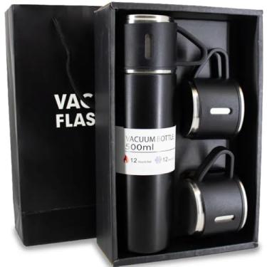 Imagem de Kit Garrafa Térmica de Inox 500ml com 3 Xícaras para Camping e Viagem, Café-QH Shopp (0, preto, 23x6)