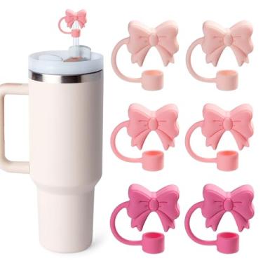 Imagem de 6 peças de topos de canudo de laço, capas fofas de canudos para Stanley copo de 30 e 1,134 g com alça, dispensador de canudo à prova de poeira de 10 mm para meninas e crianças (rosa peônia)