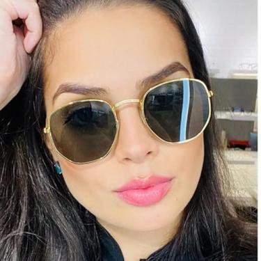 Imagem de Óculos de Sol Hexagonal Lente Preta com Proteção Uv400 Masculino Feminino (Verde com Dourado)