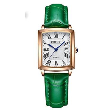 Imagem de FANMIS Relógios femininos caixa ouro rosa numerais romanos relógio de pulso de luxo quadrado pulseira de couro marrom, Verde