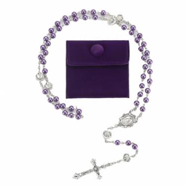 Imagem de 1 colar de contas de pérolas de vidro com epóxi milagroso coração contas de metal rosário pacote em saco de presente de veludo com joia Rosary Pray, 50cm, Zinco, Sem Pedra Preciosa