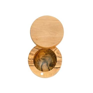 Imagem de Berard Saleiro com tampa, caixa de sal de madeira com tampa giratória magnética, recipiente de sal de madeira de oliveira para bancada, 10 cm de largura