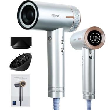 Imagem de SEENYOO Secador De Cabelo Leve - Secador De Cabelo De Alta Velocidade De 160K Rpm, Baixo Ruído E Modos Frio/Quente Para Cuidados Com Os Cabelos, 2 Velocidades, 4 Temperaturas, Bico/Difusor Magnético