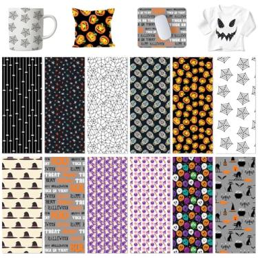 Imagem de Folhas de tinta de transferência de Halloween, sublimação de papel de transferência para imprensa de canecas, 12 peças de papel de sublimação pré-pintado de 11,4 cm x 30,5 cm para camisetas