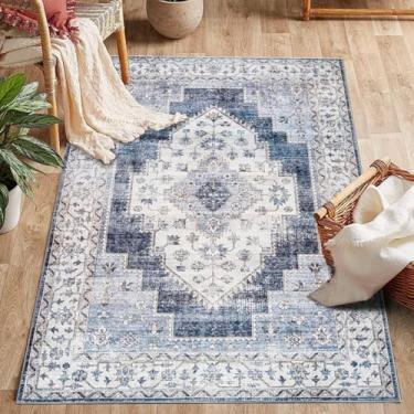 Imagem de ESSMOKO Tapetes de área de estar, tapete nórdico retrô étnico, tapete de quarto, tapete de lã artificial, lavável na máquina, fácil de cuidar, 180 x 275 cm, azul retrô