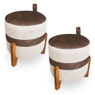 Imagem de Kit 02 Puffs Le Mans Linho E Corano Nozes Base De Madeira - Pallazio Cor Linho Dourado E Corano Nozes
