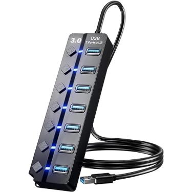 Imagem de Eanetf Hub USB 3.0, 7 portas com interruptores liga/desliga individuais e indicadores de LED, hub de dados de alta velocidade de 5 Gbps para laptop, PC, MacBook, Surface Pro, PS5, HDD, pen drive (cabo