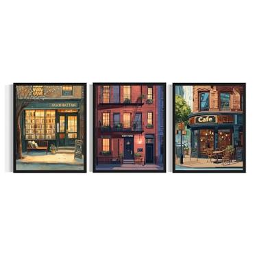 Imagem de Pôster impresso de arte de Manhattan New York, (conjunto de 3) Vintage Cafe Bookstore Reading Books Wall Art Painting for Living Room Office Decor AAA15 (Manhattan New York, 20 x 25 cm (3 painéis