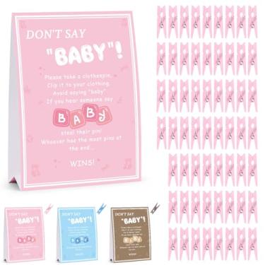 Imagem de Don't Say Baby Game, jogos de chá de bebê para menina, 1 placa e 60 mini prendedores de roupa rosa, ideias de decoração de jogos de chuveiro, lembrancinhas de festa reveladoras de gênero