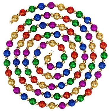Imagem de Guirlanda de Natal de glitter multicolorida de 2,8 metros | Guirlanda de árvore de Natal com contas multicoloridas para árvores de doces retrô vintage | Decorações de Natal para uso interno | Contas vermelhas e azuis douradas e roxas