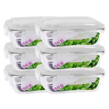 Imagem de Jogo 6 Potes Vidro Retangular Marmitas Tampa 4 Travas 1040ml