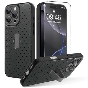 Imagem de OOK Capa para iPhone 16 Pro com protetor de tela, linda capa de telefone de bolinhas com alça de dedo ajustável, proteção total para mulheres e meninas - preta