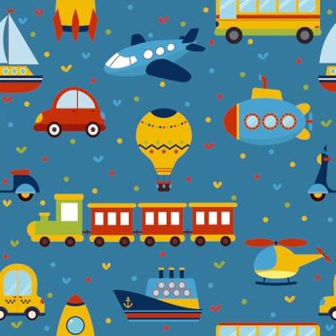 Imagem de VaryFloral Papel de parede azul com desenho animado para meninos quarto de crianças trem carro foguete avião barco ônibus papel de parede para berçário papel de contato para quarto de crianças gaveta