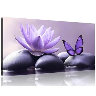 Imagem de TutuBeer 1 painel de arte de parede em tela roxa imagens roxas pedra spa com borboleta de lírio de água na água fotos pôster arte de parede zen para sala de estar quarto pronto para pendurar, 20 x 40