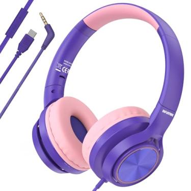 Imagem de Fones de ouvido infantis USB C com microfone, fones de ouvido escolares para adolescentes com volume limitado de 94 dB para meninos e meninas, faixa de cabeça ajustável, dobrável, fone de ouvido com