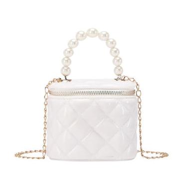Imagem de KOLKOL Carteira feminina, mini bolsa de ombro com alça de pérola e corrente dourada, bolsas transversais, Branco, 4.72" x 3.54" x 3.93"