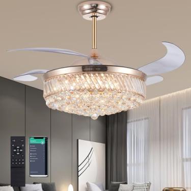 Imagem de PAFRUMGE Lustre dourado regulável de 132 cm, ventiladores de teto LED de cristal com luzes e lustres remotos, ventilador de teto para quarto, sala de jantar, sala de estar (ouro, 132 cm)