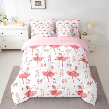 Imagem de Conjunto de cama Queen com 7 peças, estampa de bailarina, estrela, laço em aquarela, feminino, feminino, desenho animado rosa, sonhador (edredom + lençol + 2 fronhas + 2 fronhas + 2 capas de