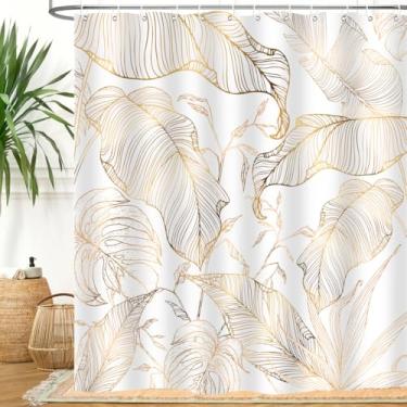 Imagem de ZXMBF Cortina de chuveiro com folhas de palmeira tropicais em ouro branco, abstrata, folha de bananeira, cobre, chique, moderna, planta botânica, natureza, estética, decoração de banheiro, tecido à