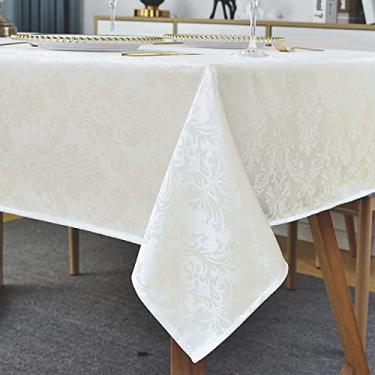 Imagem de Toalha de mesa retangular - Toalha de mesa bege creme damasco 150 x 350 cm design jacquard à prova de derramamento resistente a rugas à prova d'água poliéster macio capa de mesa oblonga para festas na cozinha (marfim)