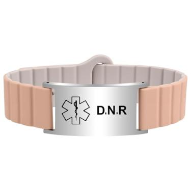 Imagem de Pulseira de alerta médico para mulheres e homens, pulseira de identificação de alerta médico ajustável à prova d'água para D.N.R bege e prata