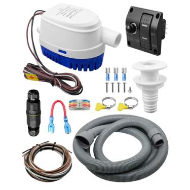 Imagem de Bomba de água automática de esgoto de barco de 1200 GPH de 12 V com painel de interruptor de bomba de 3 vias, cabo de extensão de 3 metros, kit de encanamento de bombas de esgoto de 1-1/8 polegadas de