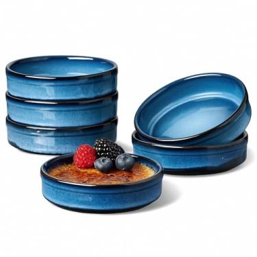 Imagem de ONEMORE Ramekins de 118 ml, seguro para forno, ramequins de cerâmica para creme brulee, creme, pudim, suflê, pratos de ramekin raso azul, conjunto de 6 ramekin de porcelana pequeno para assar e servir