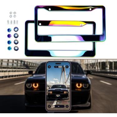 Imagem de Pacote com 2 molduras de placa de licença iridescentes cromadas NEO, polimento de aço inoxidável, suporte universal dos EUA Canadá, design antifurto de 4 furos (com tampas e encaixes) Etiqueta de