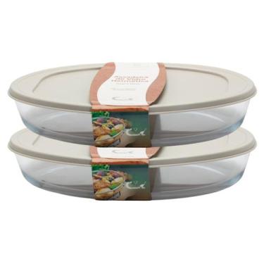 Imagem de Kit 2 Travessas Refratário Com Tampa 3L Oval Vidro Freezer - CasaVita,