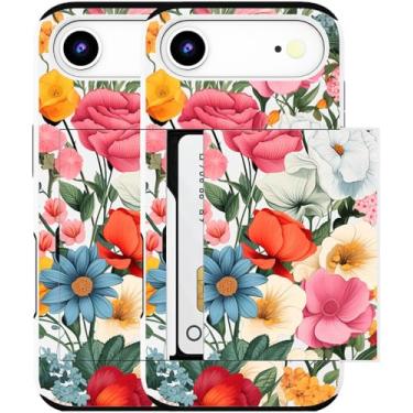 Imagem de MUQR Capa para celular 17 Air compatível com suporte de cartão fofo - Capa tipo carteira robusta com design Kawaii, proteção contra quedas de grau militar para mulheres (branco, rosa, várias flores)