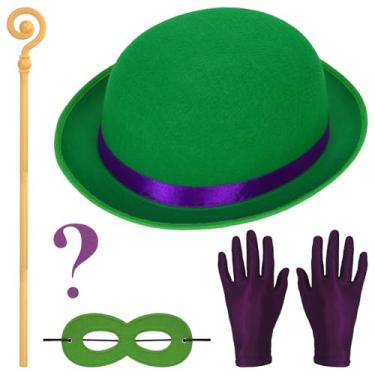 Imagem de Medoore Conjunto de acessórios para fantasia de ponto de interrogação, chapéu Derby verde de feltro, bengala dourada, ajustável, luva roxa e adesivos de ponto de interrogação de feltro para acessórios
