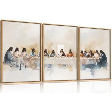 Imagem de DRACIT Conjunto de arte de parede em tela emoldurada grande de Jesus Cena da Última Ceia de Jesus, decoração de parede de Jesus e doze apóstolos, arte de história bíblica religiosa de Natal para sala