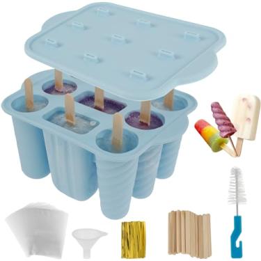 Imagem de 9 formas caseiras de silicone para picolé, máquina de picolé de gelo congelado com 3 formas de moldes para picolé reutilizável de 85 g para purê de suco e molho de maçã (azul)