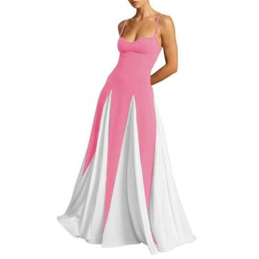 Imagem de Vestido de noite EEMEII Patchwork plissado Spaghetti Straps rosa