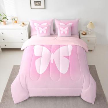 Imagem de Conjunto de edredom completo de borboleta rosa com estampa de silhueta de borboleta em uma bolsa, 7 peças, decoração de quarto, arte moderna