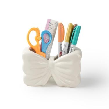 Imagem de Zaposcca Suporte de caneta de cerâmica, suporte de lápis, lindo suporte de caneta para mesa, suporte de pincel de maquiagem, para escola, casa, decoração de mesa de escritório (branco)